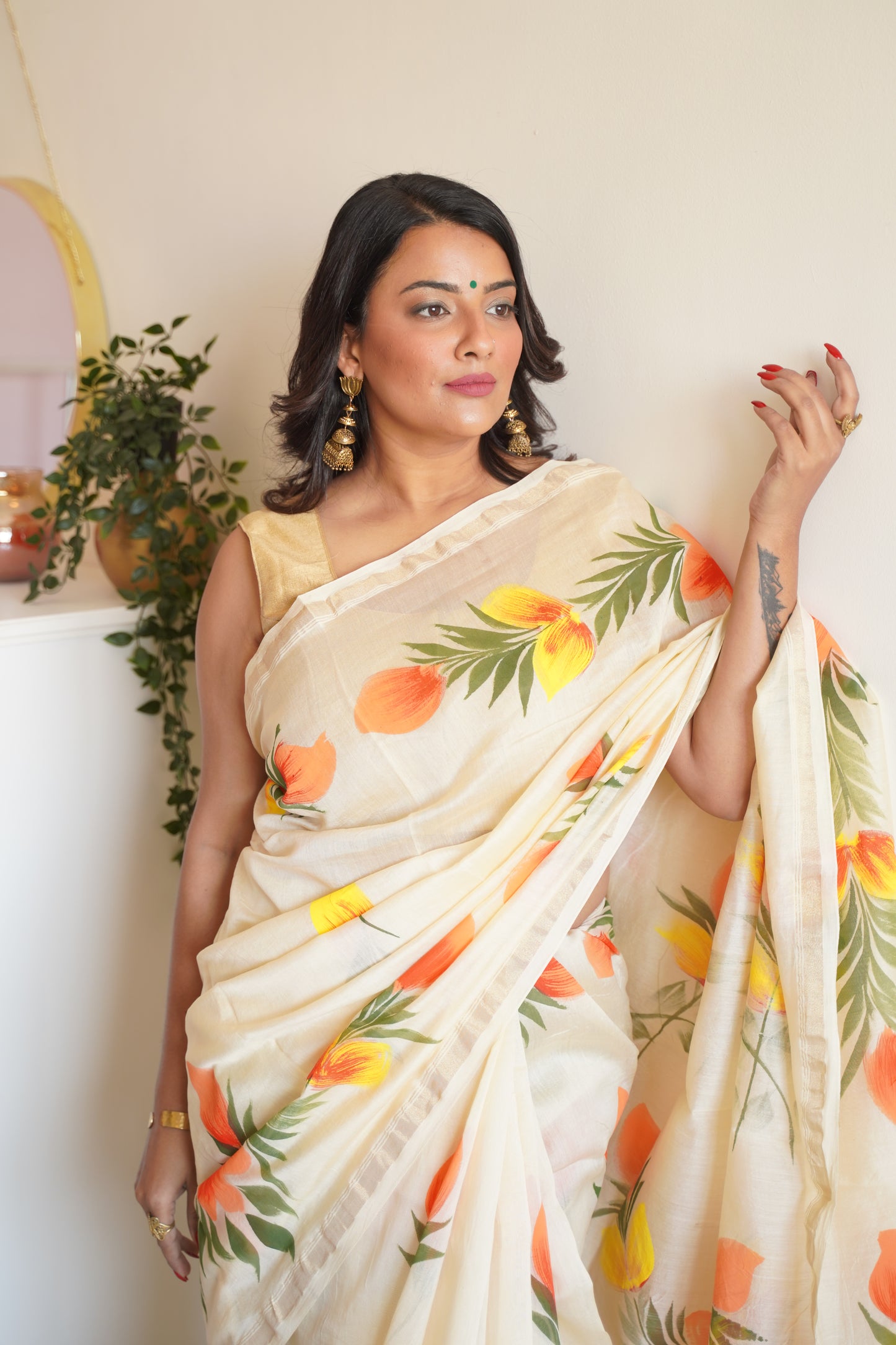 Pale Yellow Cotton and Silk Chanderi Handpainted Saree