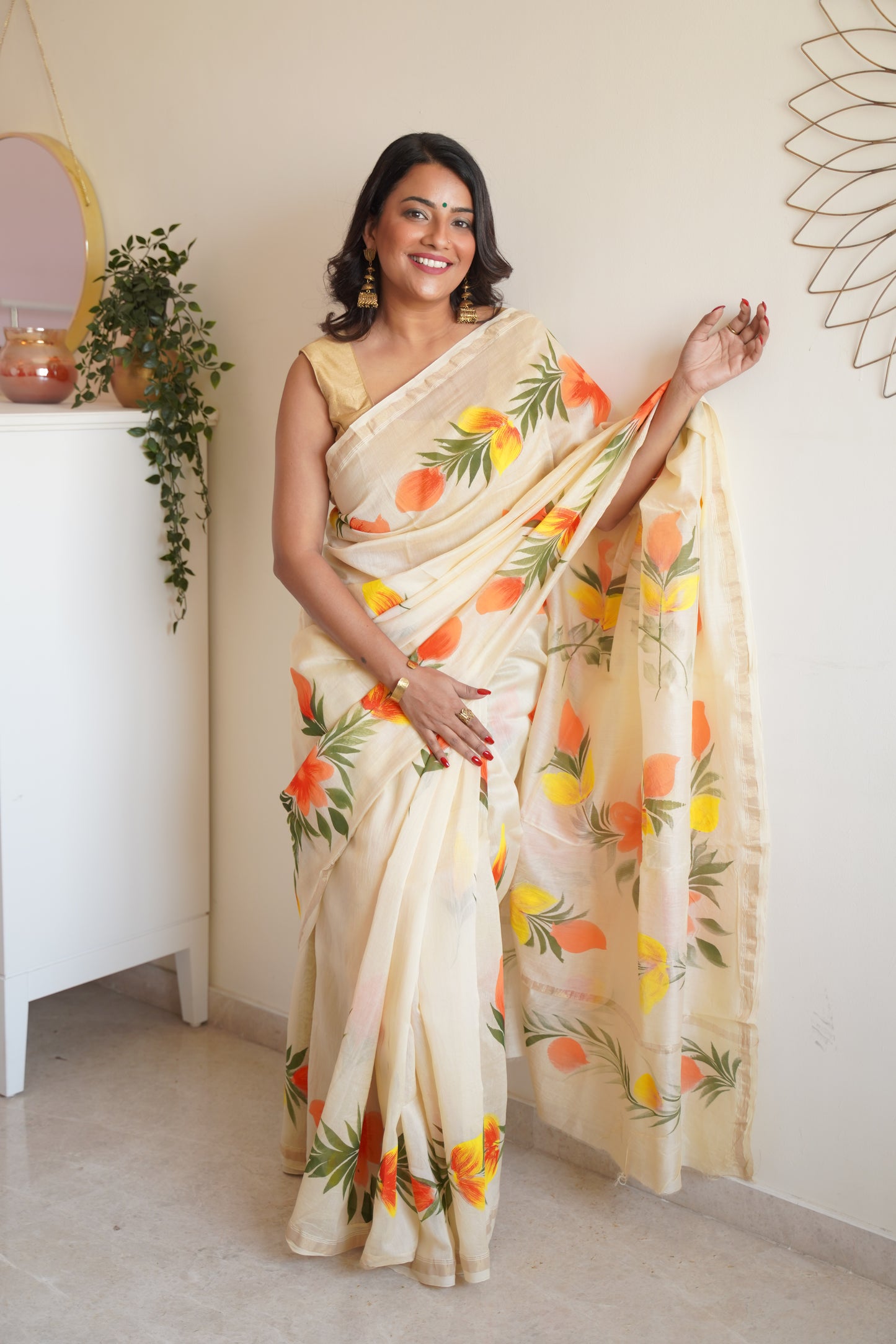 Pale Yellow Cotton and Silk Chanderi Handpainted Saree