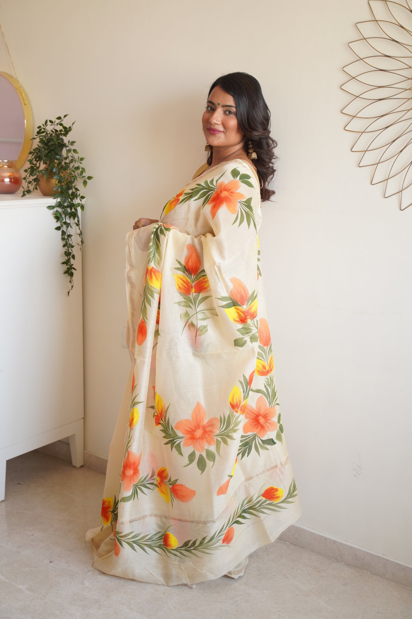 Pale Yellow Cotton and Silk Chanderi Handpainted Saree