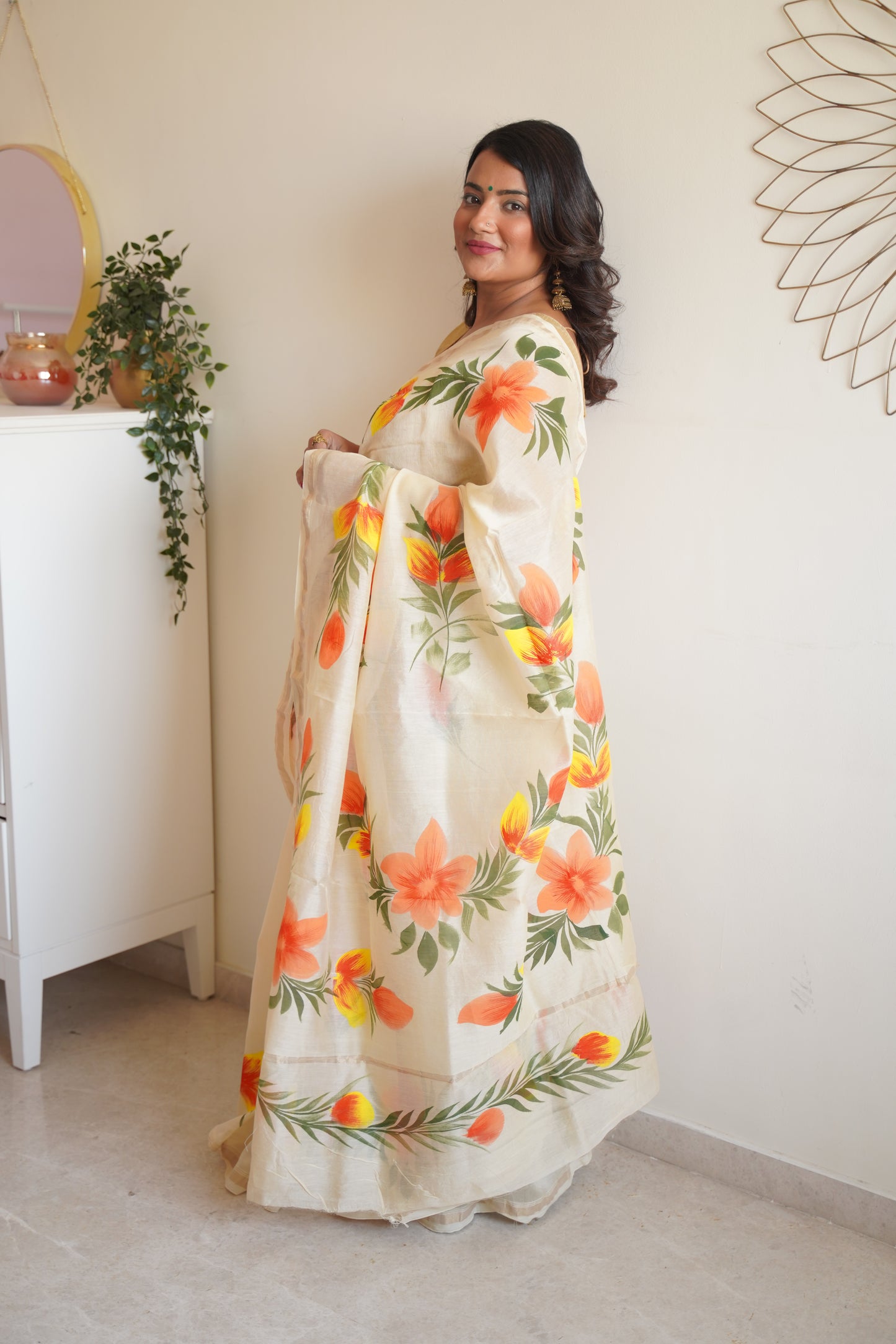 Pale Yellow Cotton and Silk Chanderi Handpainted Saree