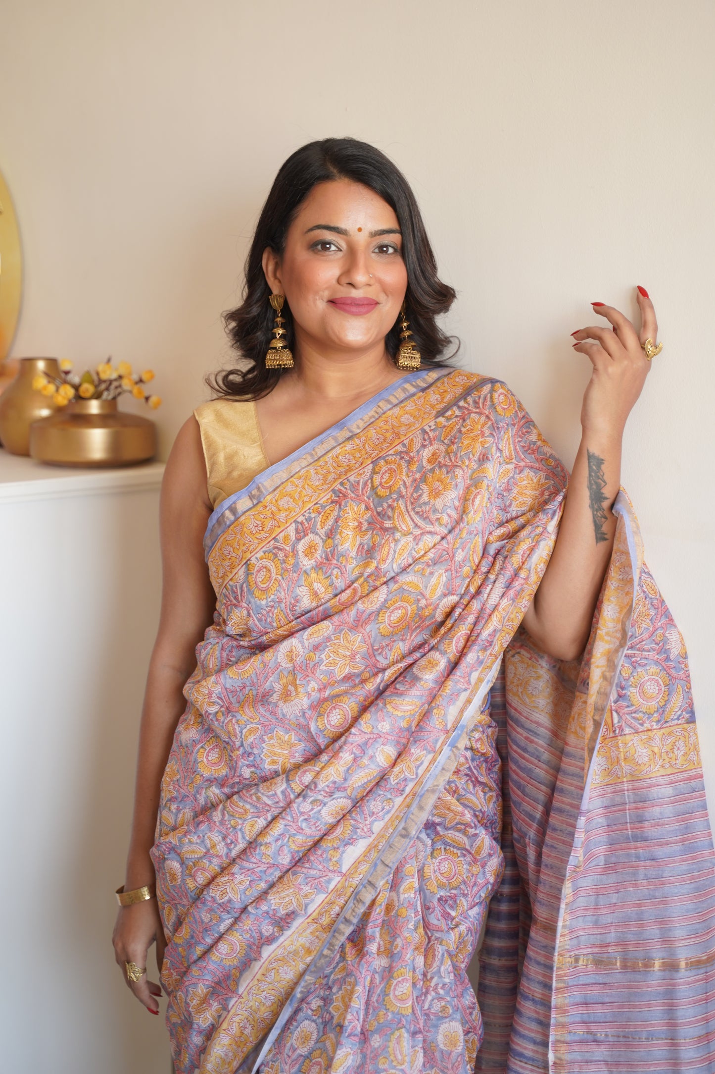 Stone Blue Cotton and Silk Chanderi Handblock Print Saree