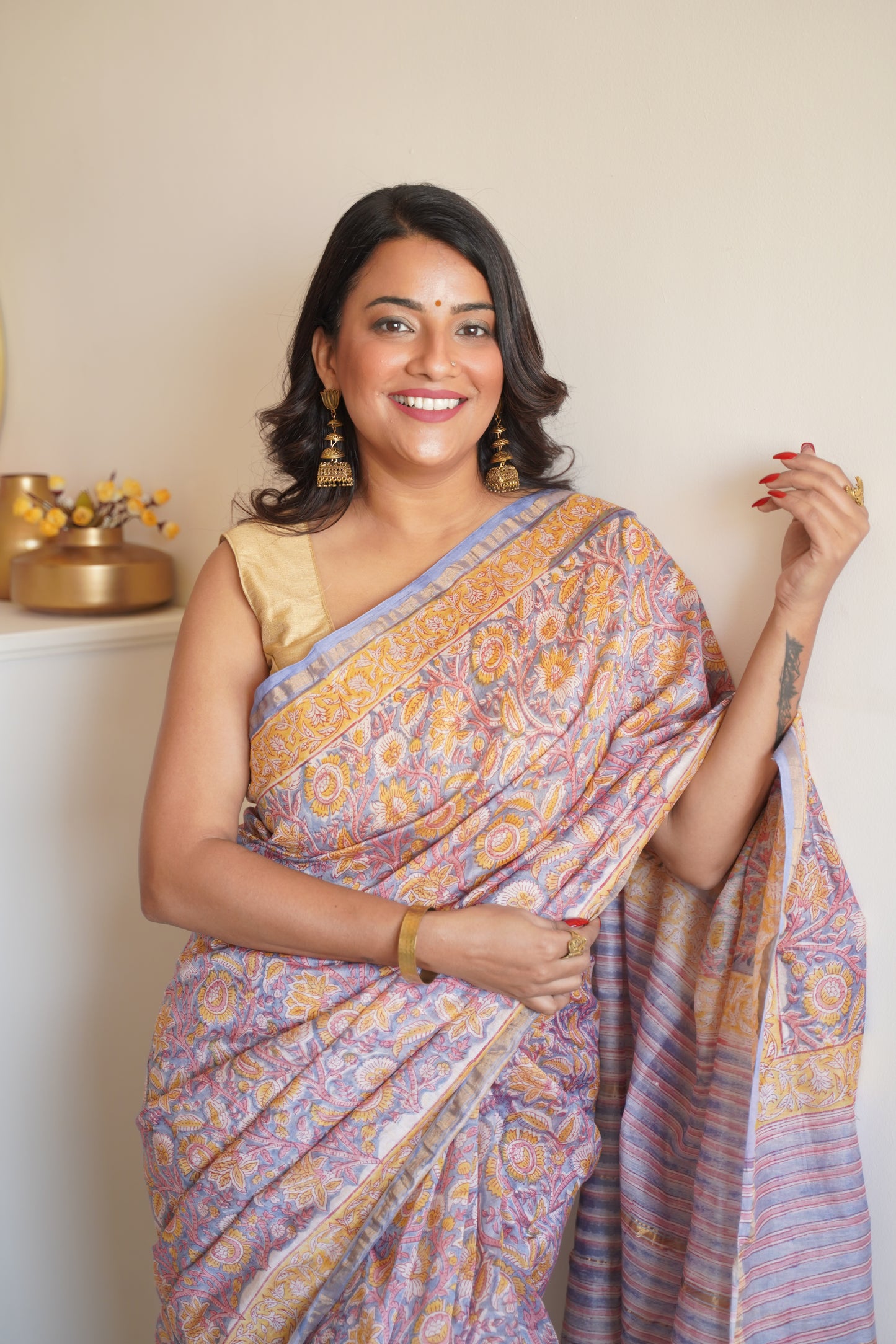 Stone Blue Cotton and Silk Chanderi Handblock Print Saree