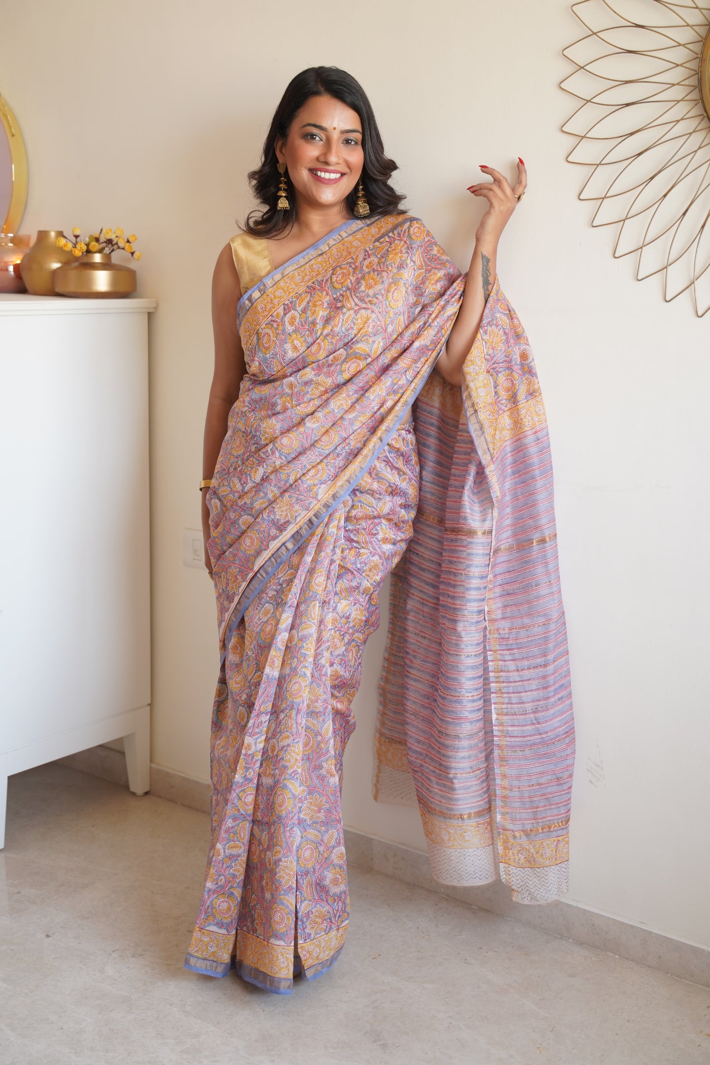 Stone Blue Cotton and Silk Chanderi Handblock Print Saree