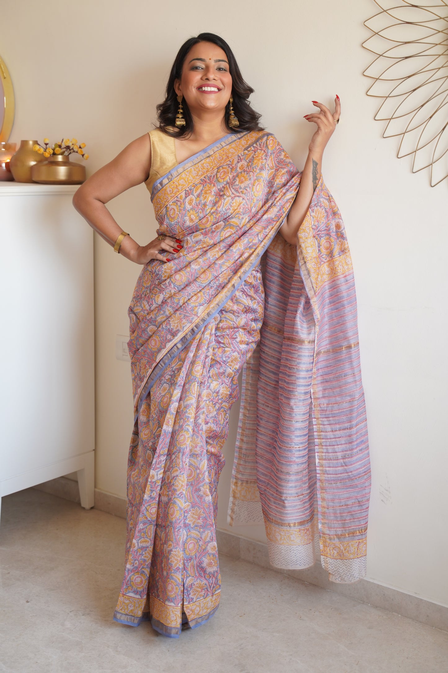 Stone Blue Cotton and Silk Chanderi Handblock Print Saree