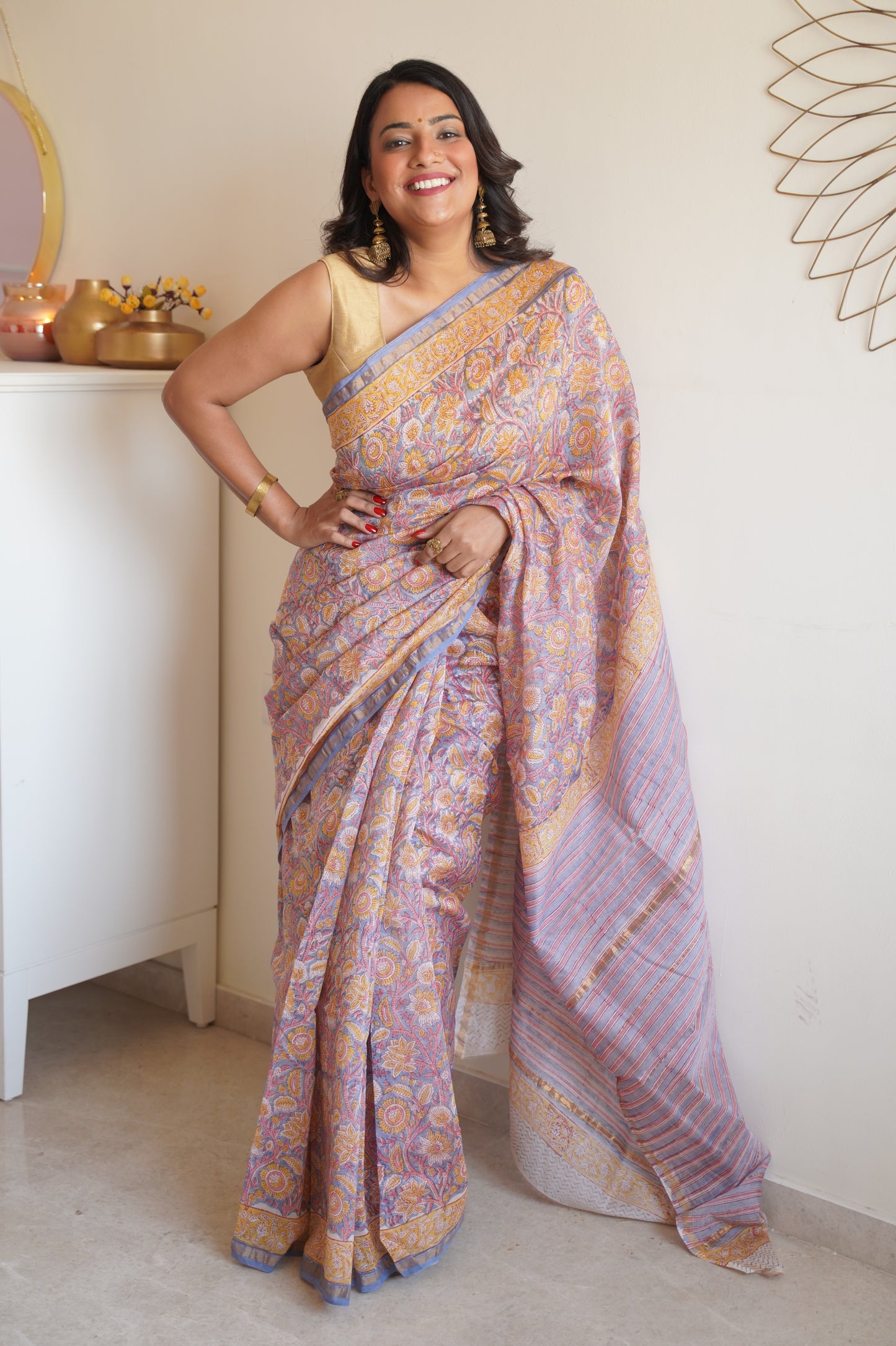 Stone Blue Cotton and Silk Chanderi Handblock Print Saree