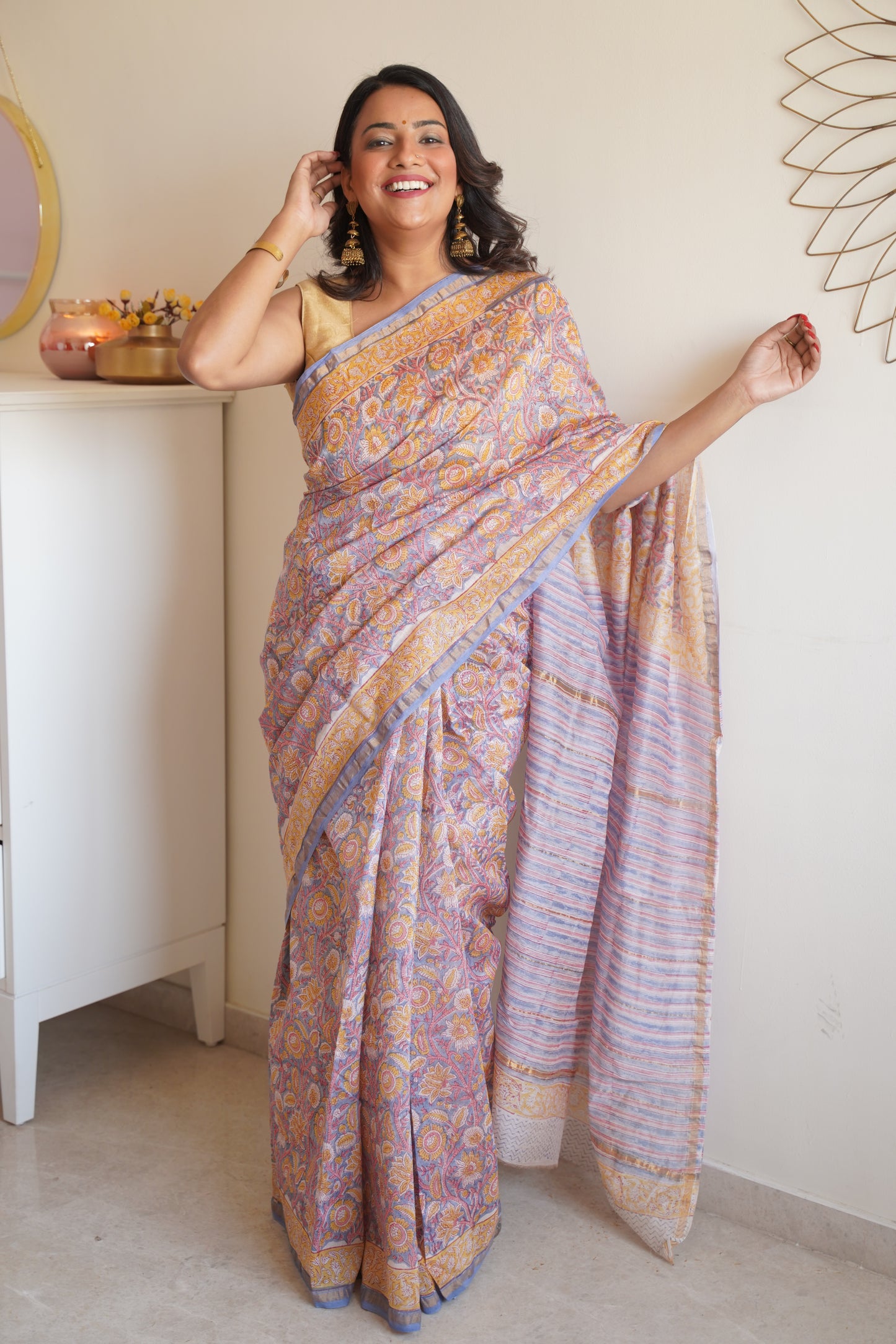 Stone Blue Cotton and Silk Chanderi Handblock Print Saree