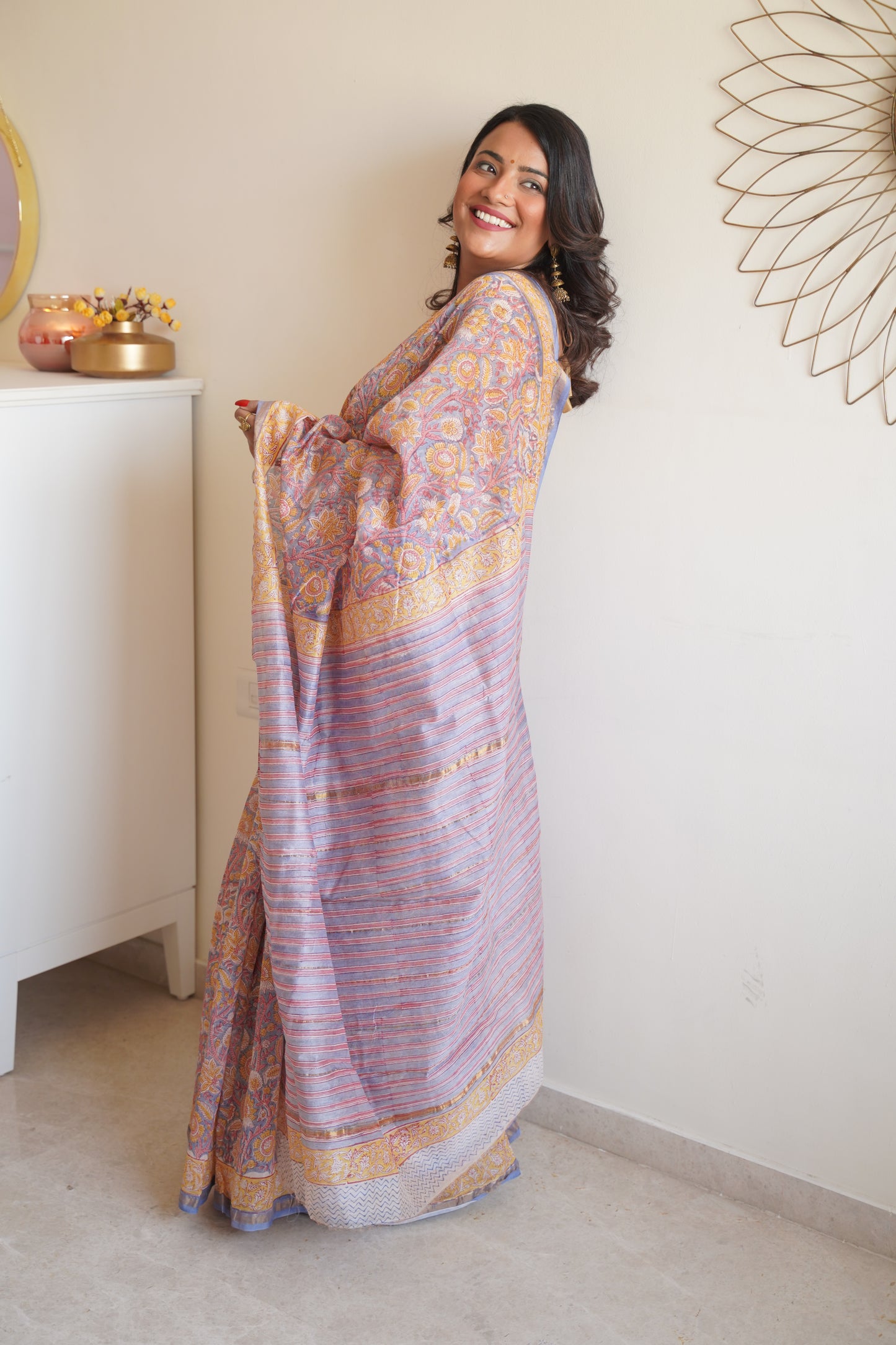 Stone Blue Cotton and Silk Chanderi Handblock Print Saree