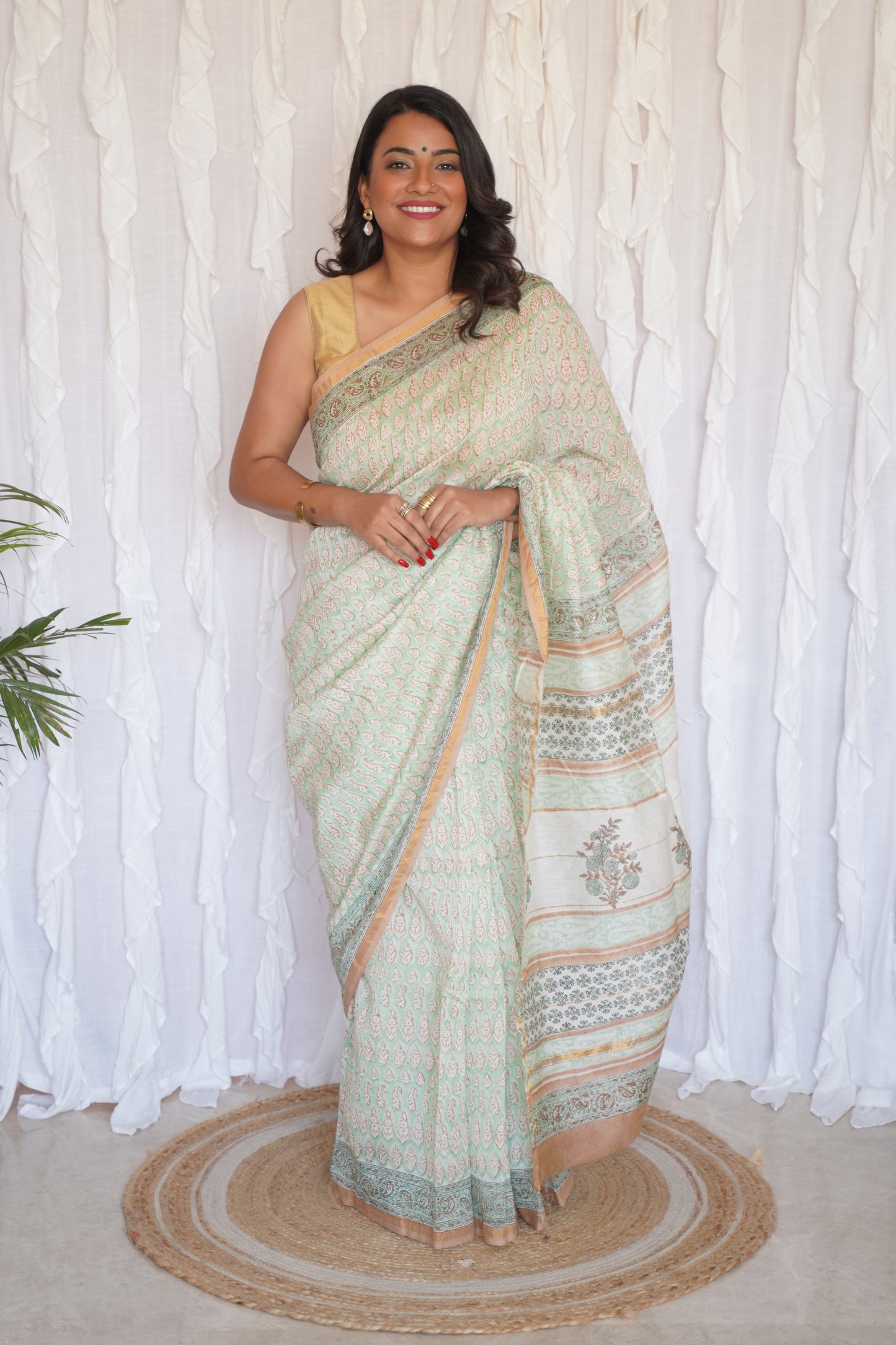 Pistachio Green and Caramel Border Cotton and Silk Chanderi Handblock Print Saree