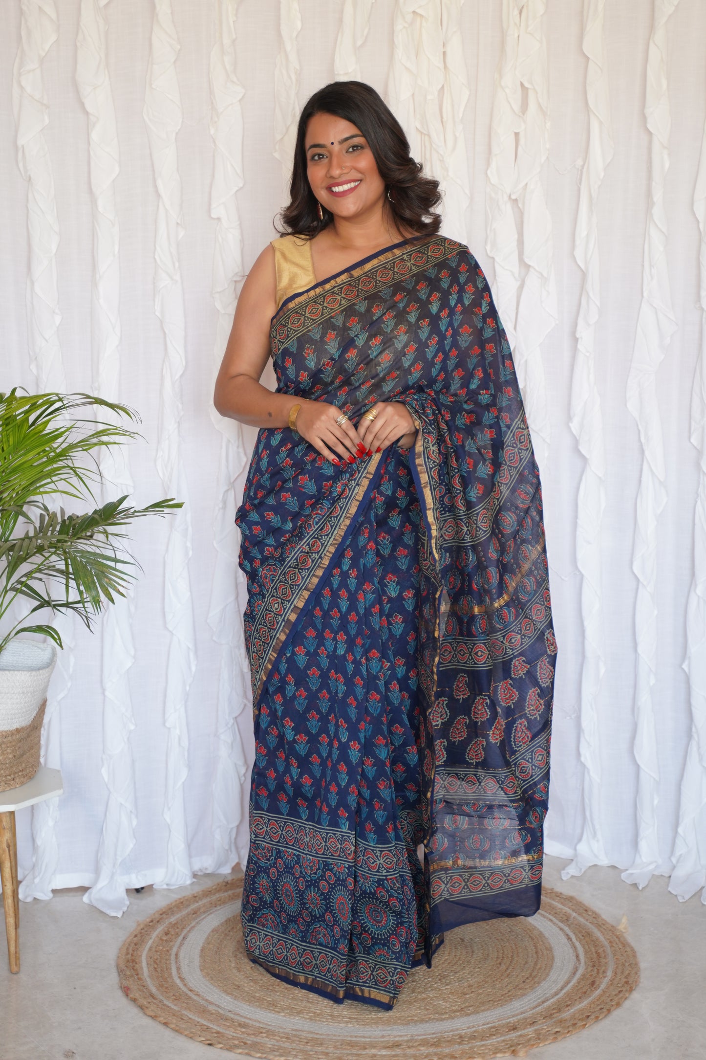 Navy Blue and Crimson Red Cotton and Silk Chanderi Handblock Print Saree