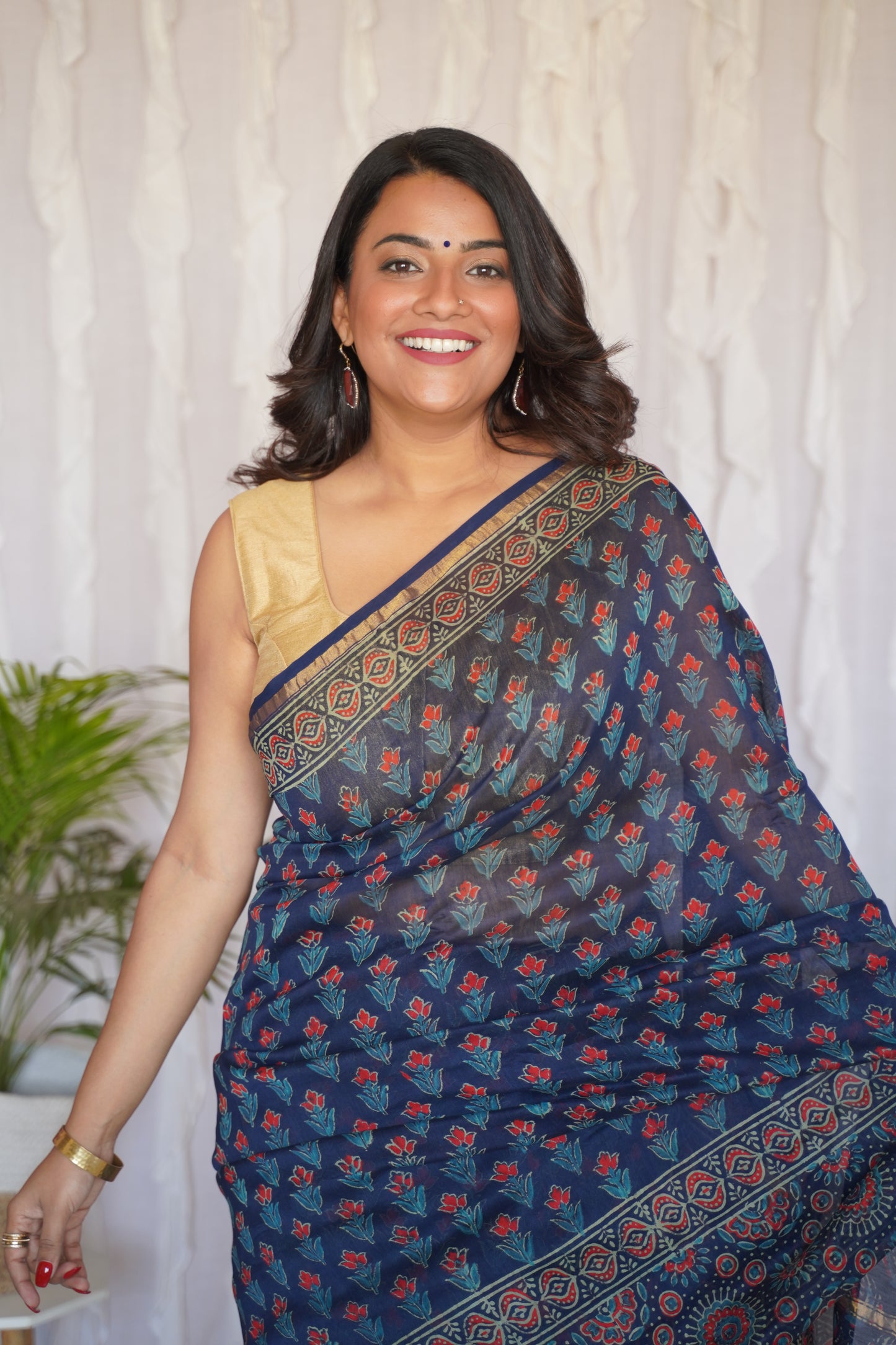 Navy Blue and Crimson Red Cotton and Silk Chanderi Handblock Print Saree