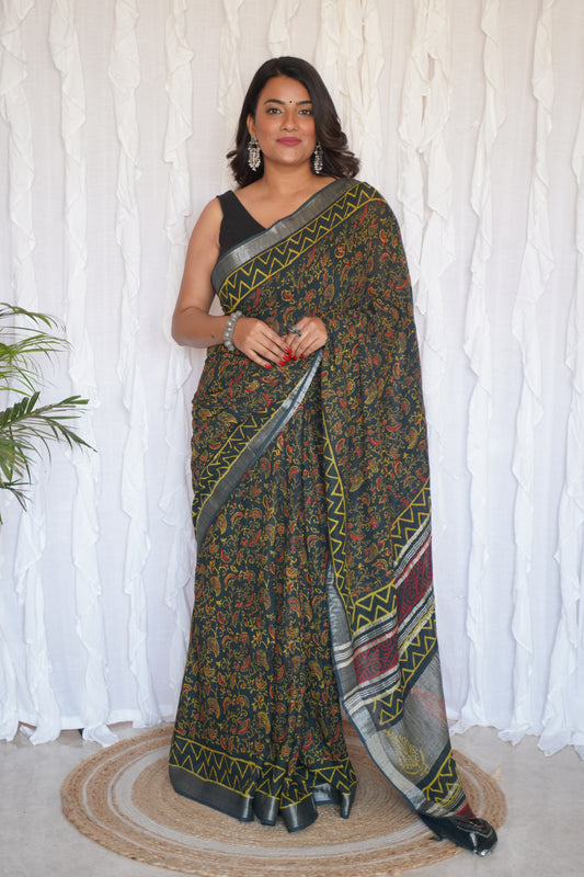 Forest Green and Lemon Yellow Art Linen Handblock Print Saree