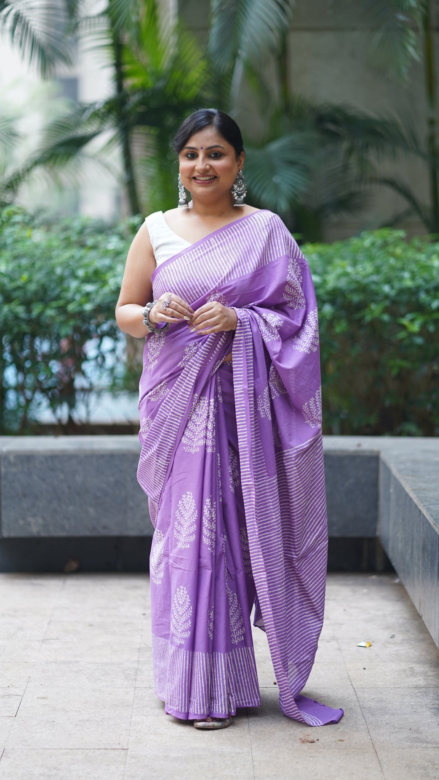 Lavender Mul Cotton Handblock Print Saree