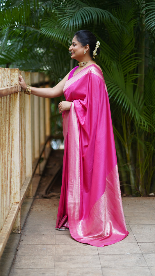 Bright Pink Bangalore Silk Saree with Zari Border