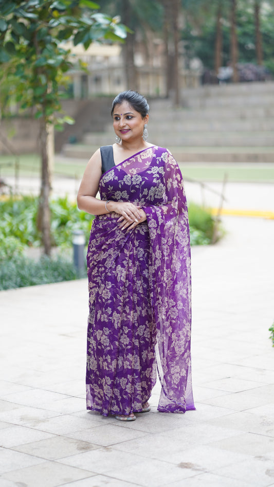 Dark Violet Chiffon Printed Saree