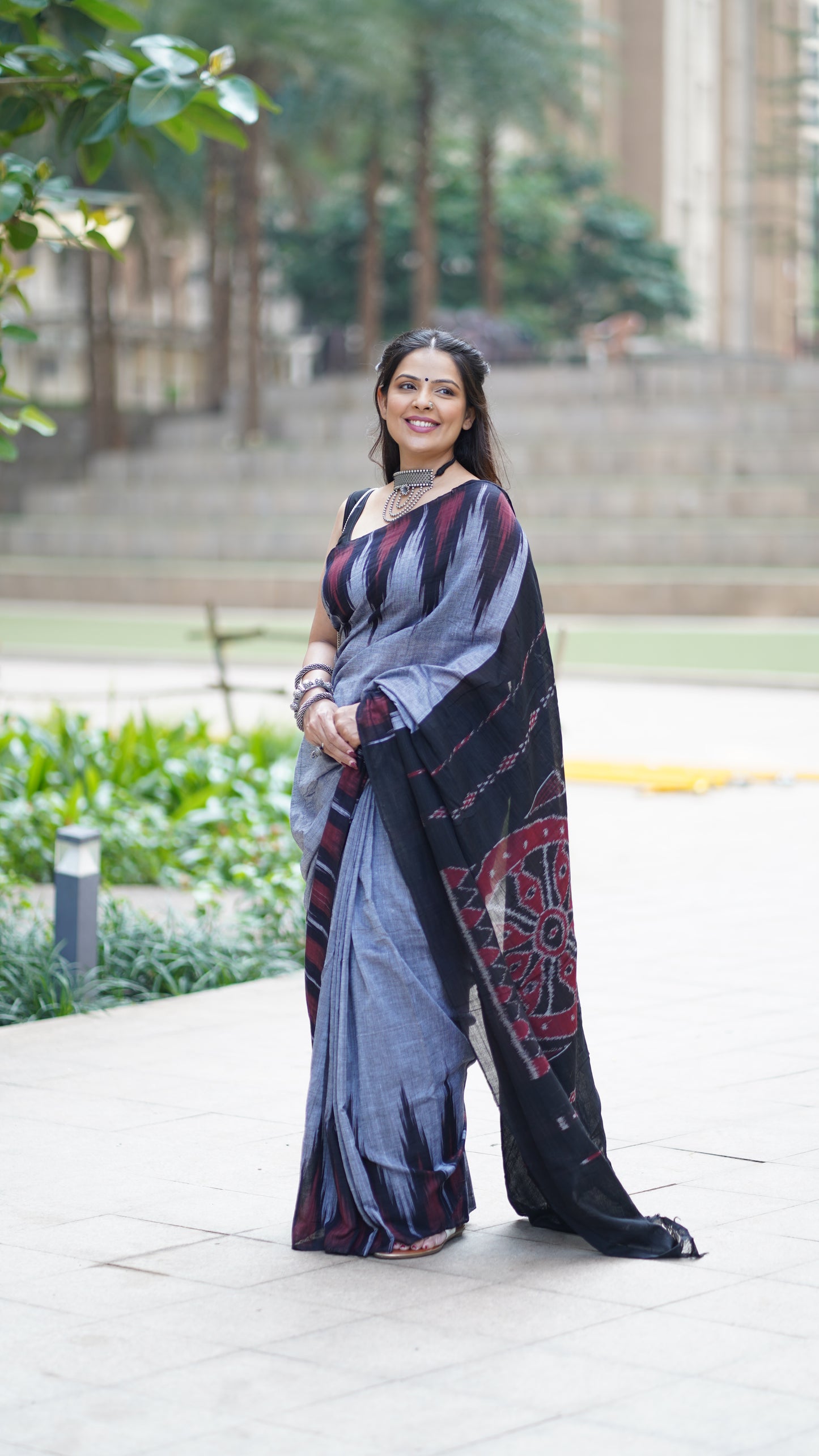 Grey and Black Sambalpuri Cotton Saree