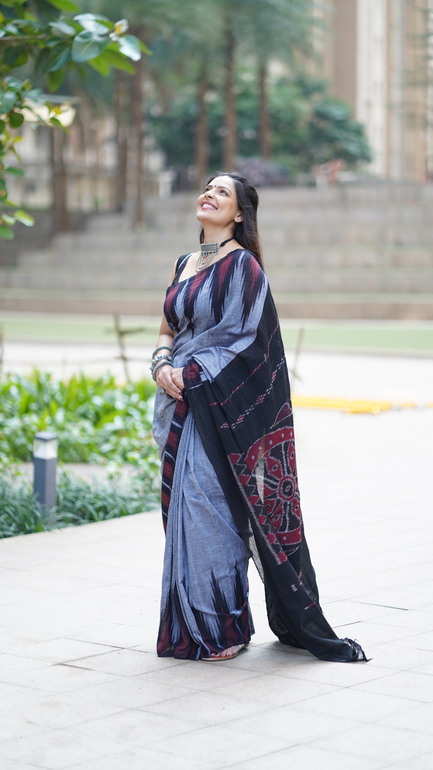 Grey and Black Sambalpuri Cotton Saree