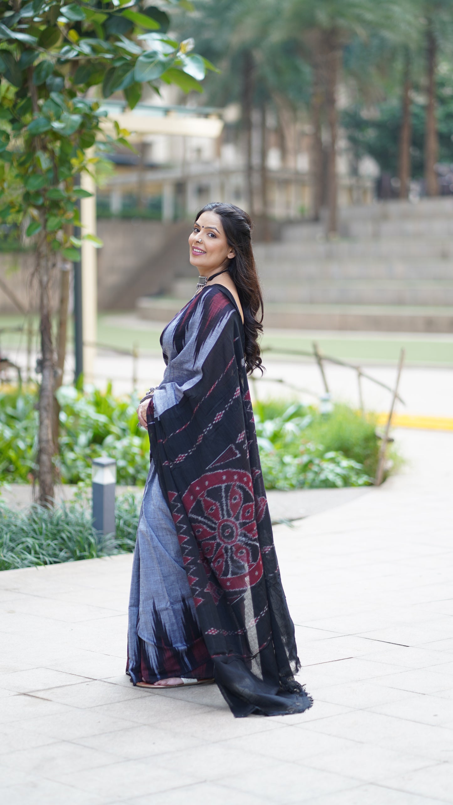 Grey and Black Sambalpuri Cotton Saree