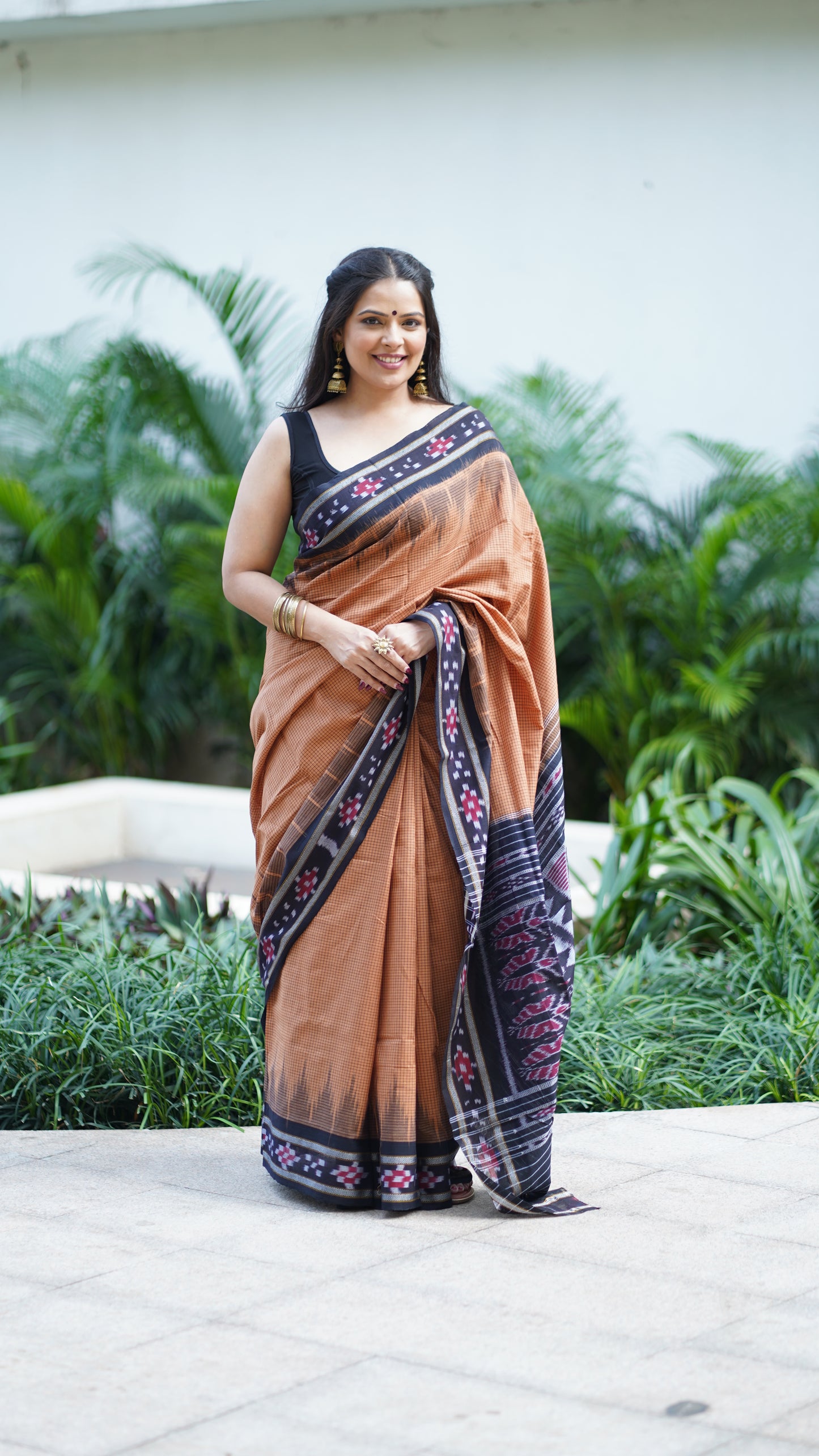 Ochre and Black Sambalpuri Cotton Saree