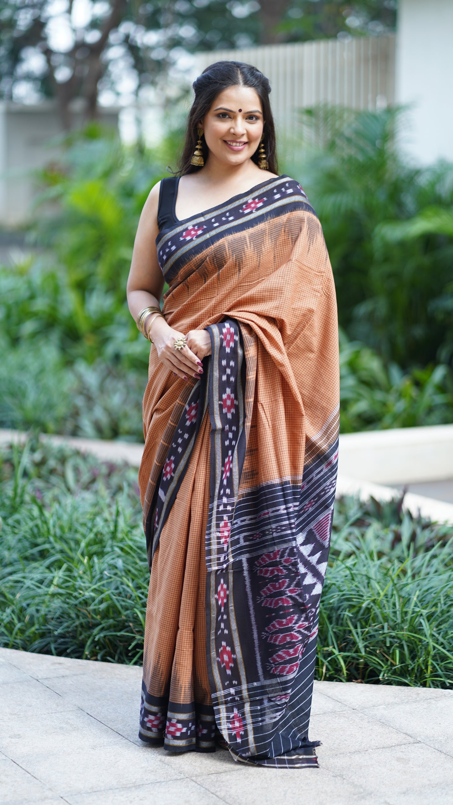 Ochre and Black Sambalpuri Cotton Saree