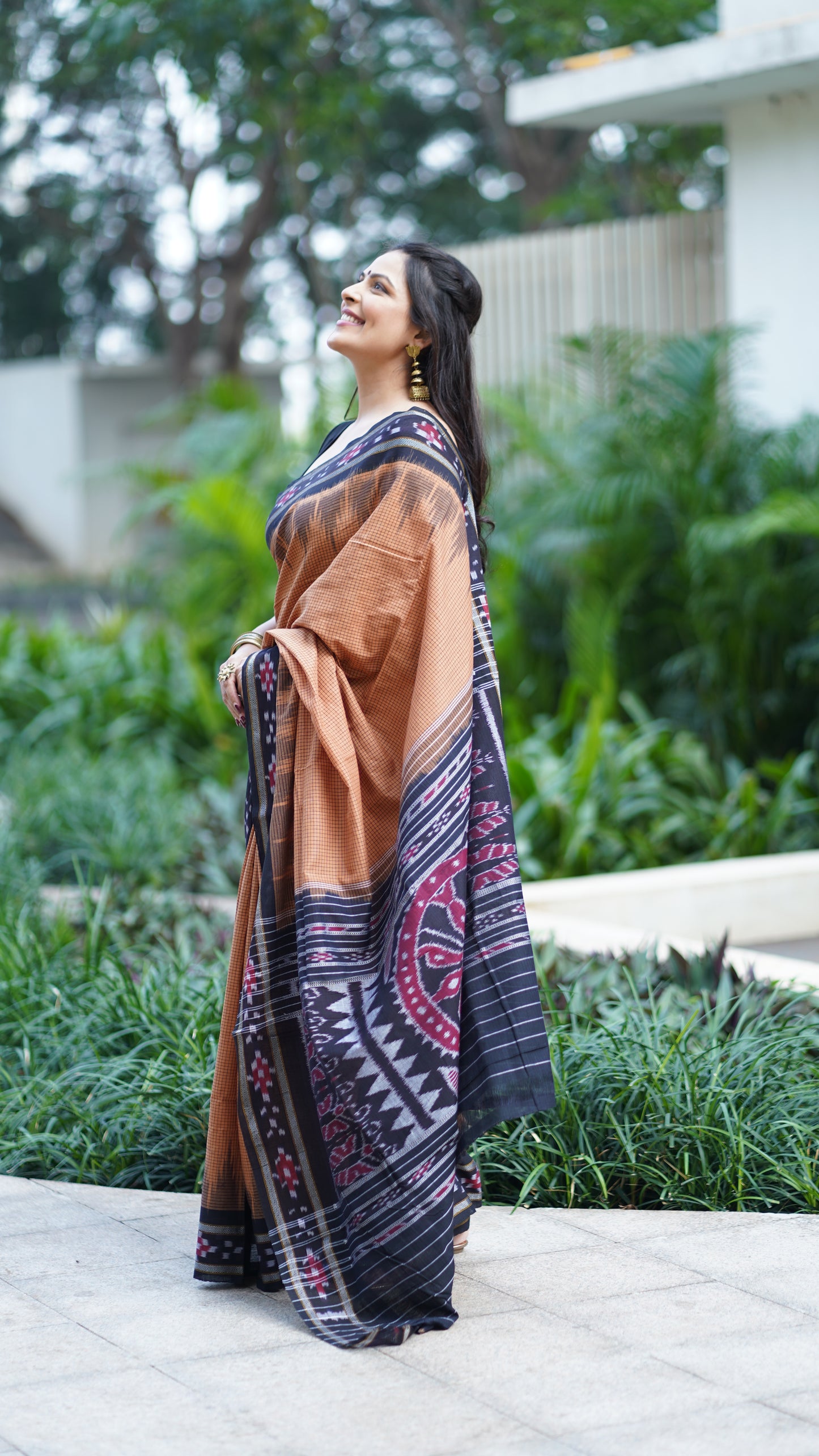 Ochre and Black Sambalpuri Cotton Saree