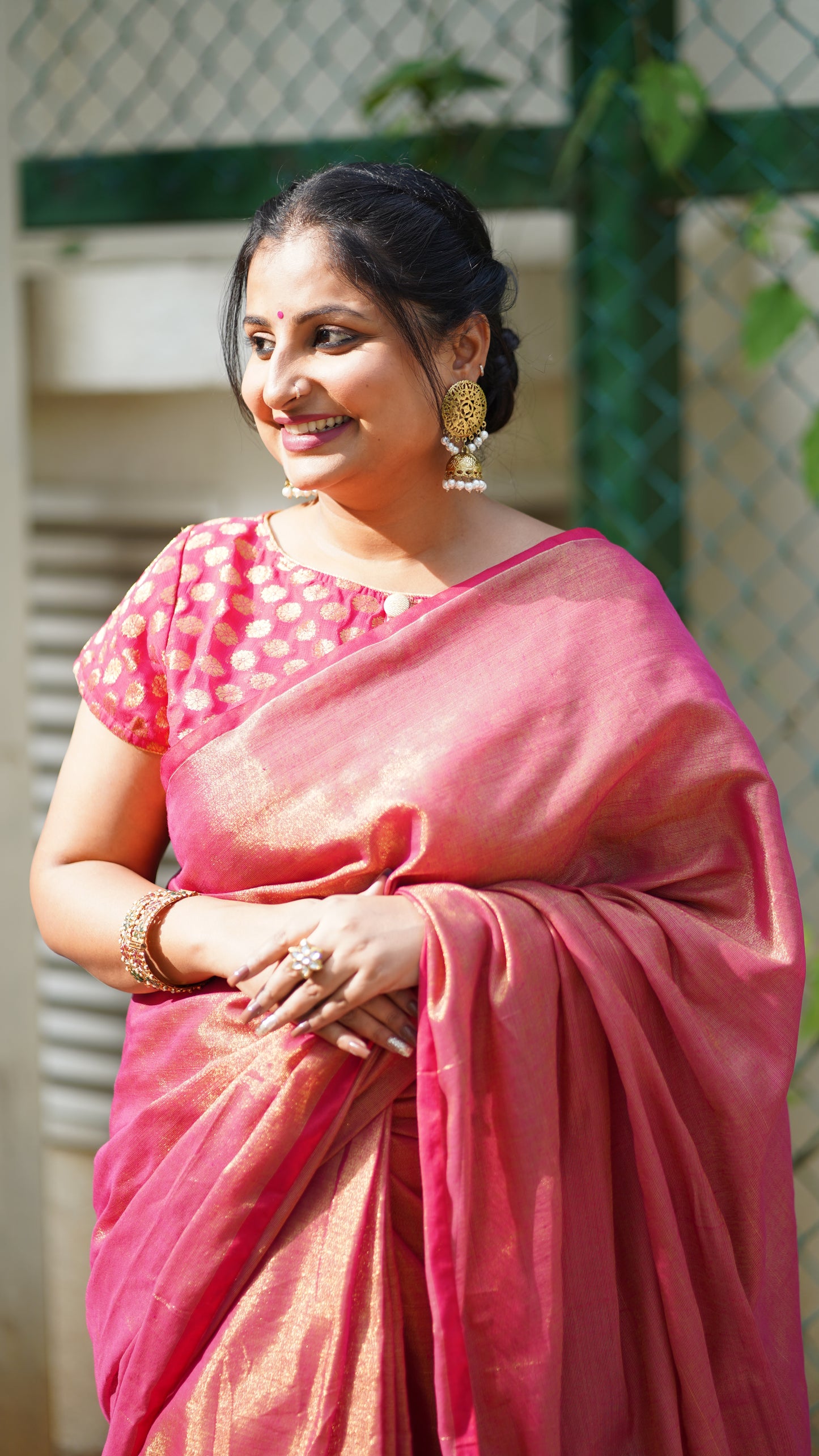Rani Pink and Golden Cotton Tissue Saree