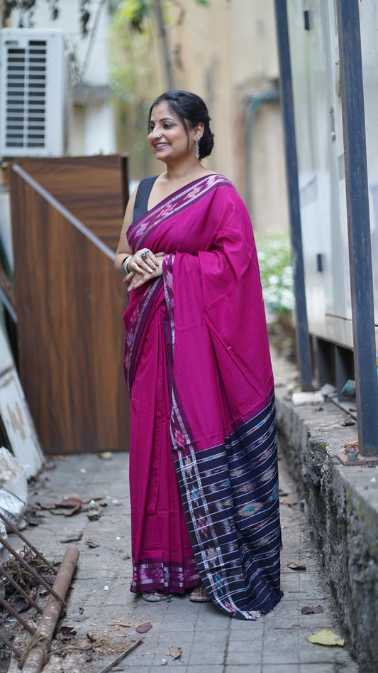 Magenta Pink and Black Sambalpuri Cotton Saree