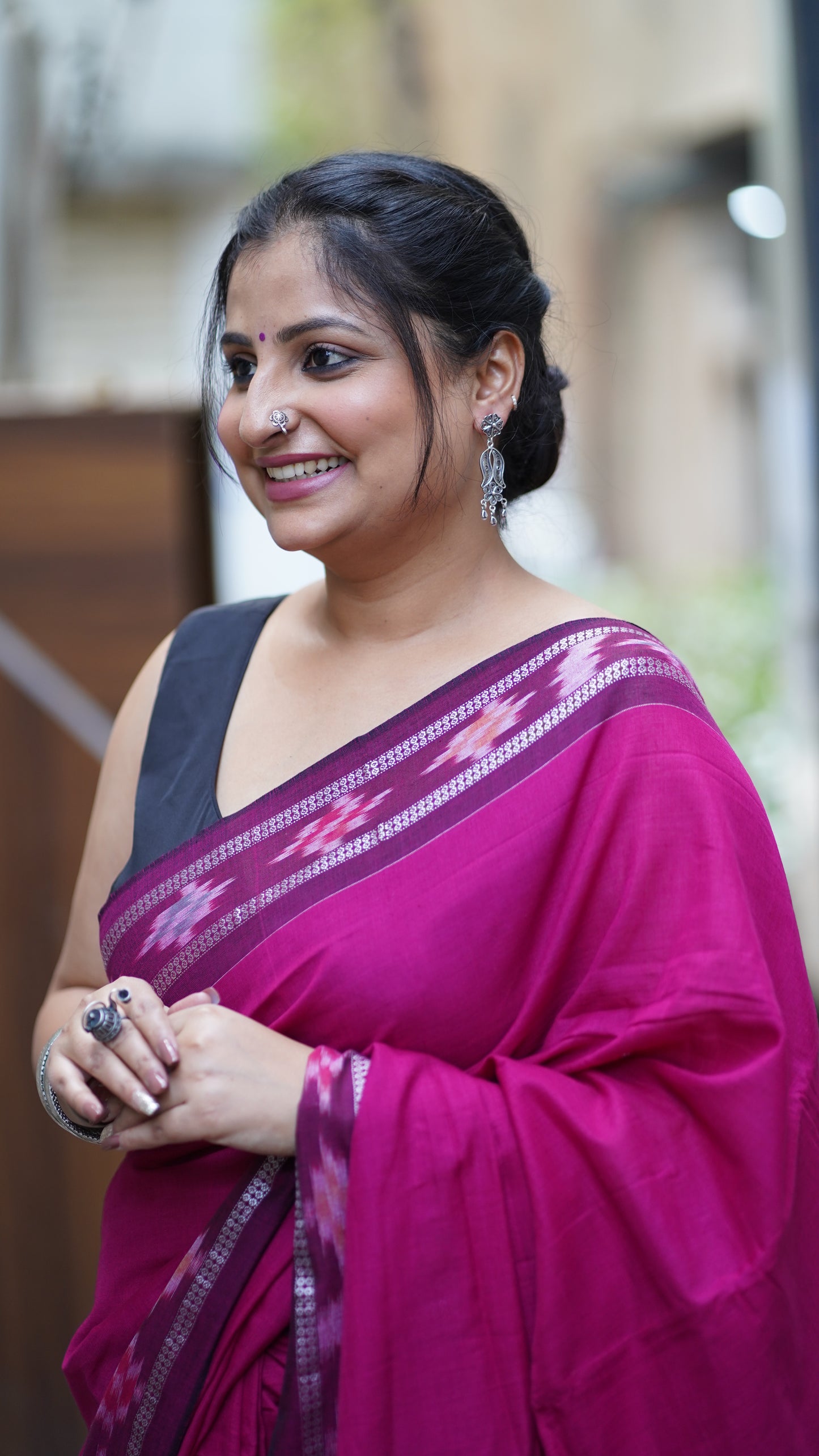 Magenta Pink and Black Sambalpuri Cotton Saree