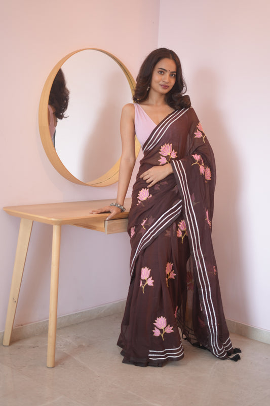Deep Chocolate Brown Lotus Bloom Embroidered Mul Cotton Saree
