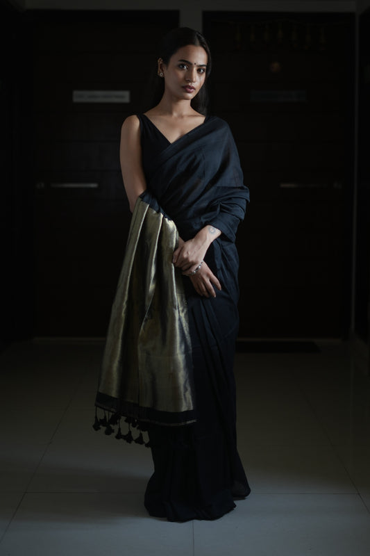 Black & Antique Gold Khaadi Cotton Saree