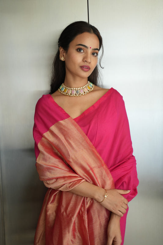 Mauve Pink & Antique Gold Khaadi Cotton Saree