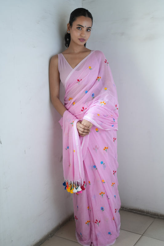 Pastel Pink Rang Birange Phool Embroidered Mul Cotton saree