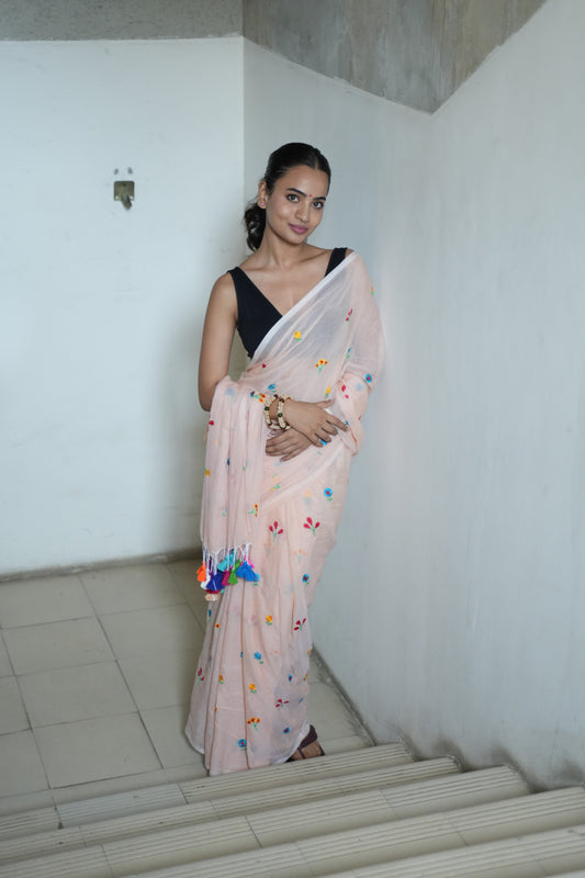Blush Peach Rang Birange Phool Embroidered Mul Cotton saree