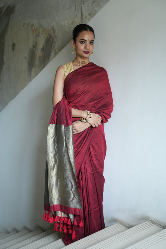 Deep Maroon & Antique Gold Khaadi Cotton Saree