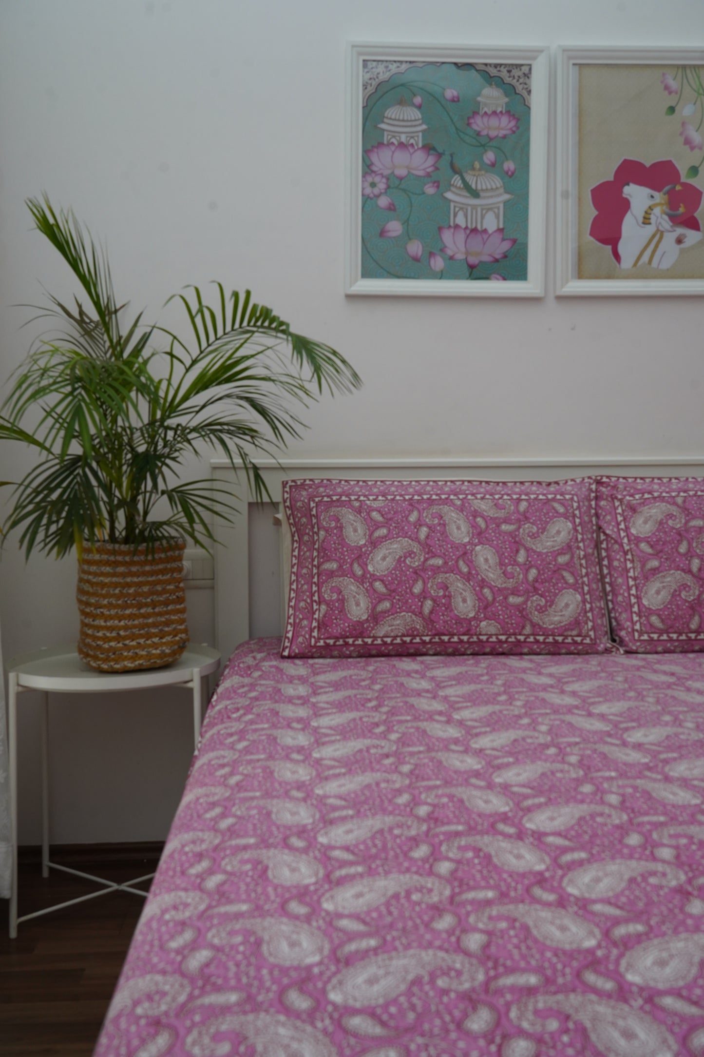 Cherry Blossom- Pink & White King Size 100% Cotton Handblock Print Bedsheet