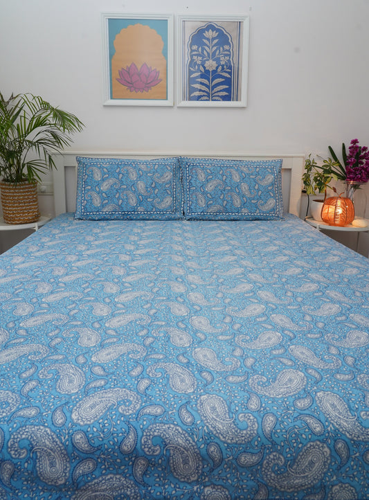 Night Sky- Blue & White King Size 100% Cotton Handblock Print Bedsheet