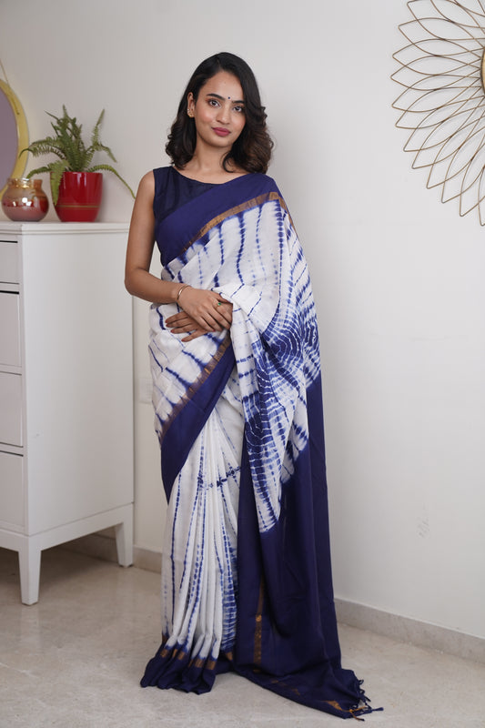 Midnight Blue & White Assam Silk & cotton Tie & Dye Pattern Saree