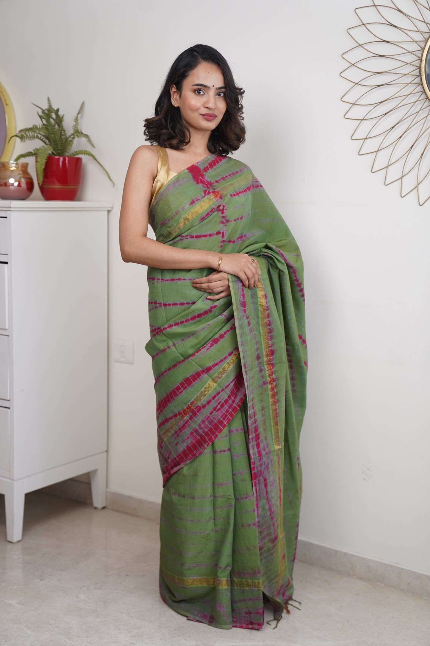 Crocodile Green & Pink Assam Silk and Cotton Tie & Dye Pattern Saree