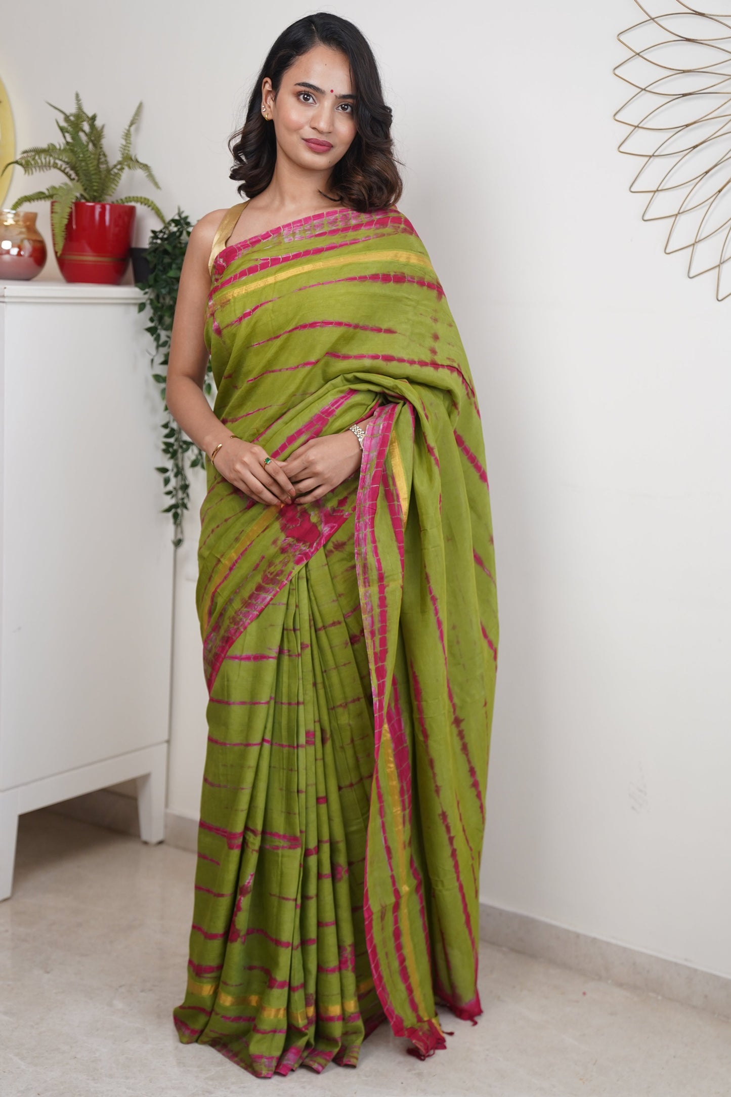 Green & Pink Assam Silk and Cotton  Tie & Dye Pattern Saree