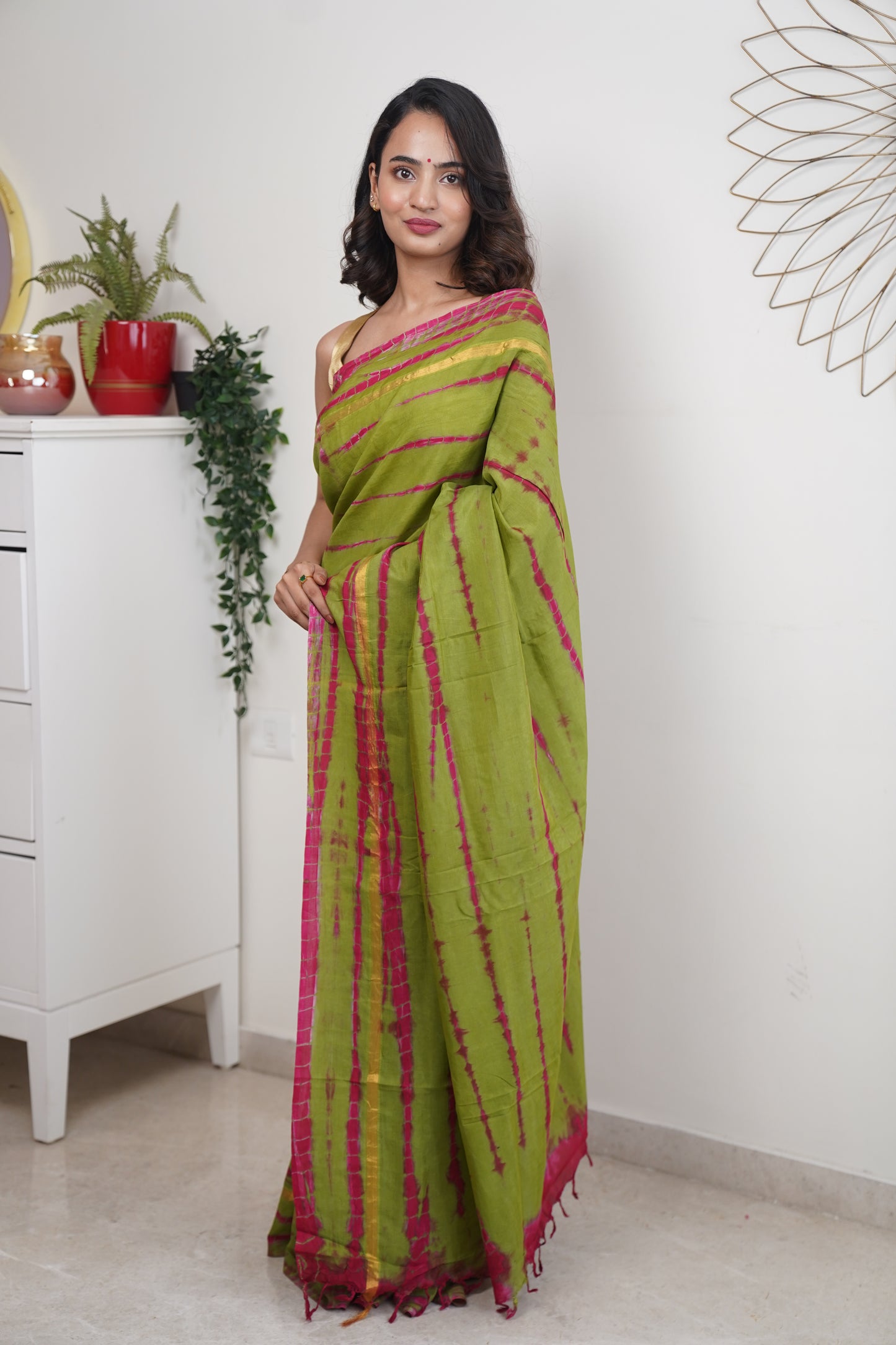 Green & Pink Assam Silk and Cotton  Tie & Dye Pattern Saree