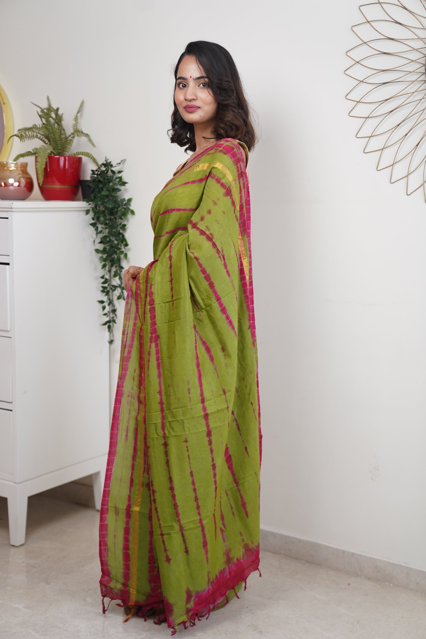 Green & Pink Assam Silk and Cotton  Tie & Dye Pattern Saree