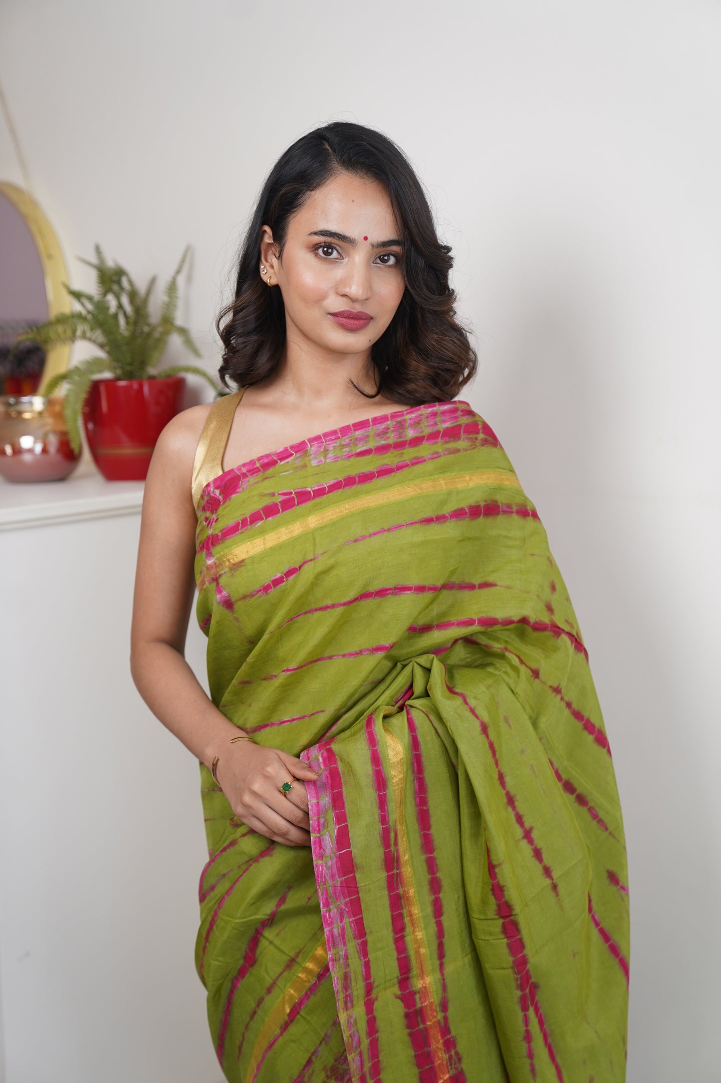 Green & Pink Assam Silk and Cotton  Tie & Dye Pattern Saree