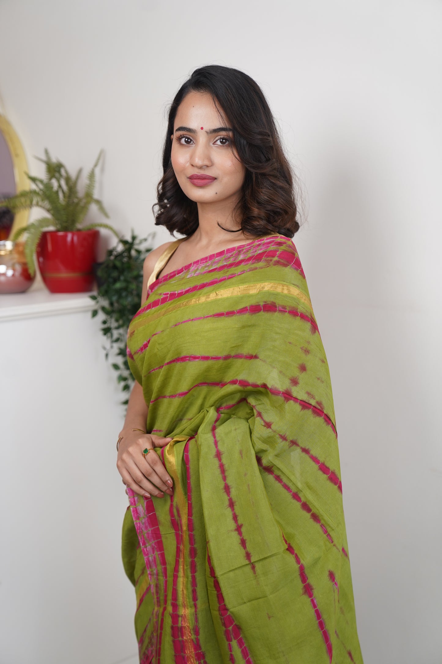 Green & Pink Assam Silk and Cotton  Tie & Dye Pattern Saree