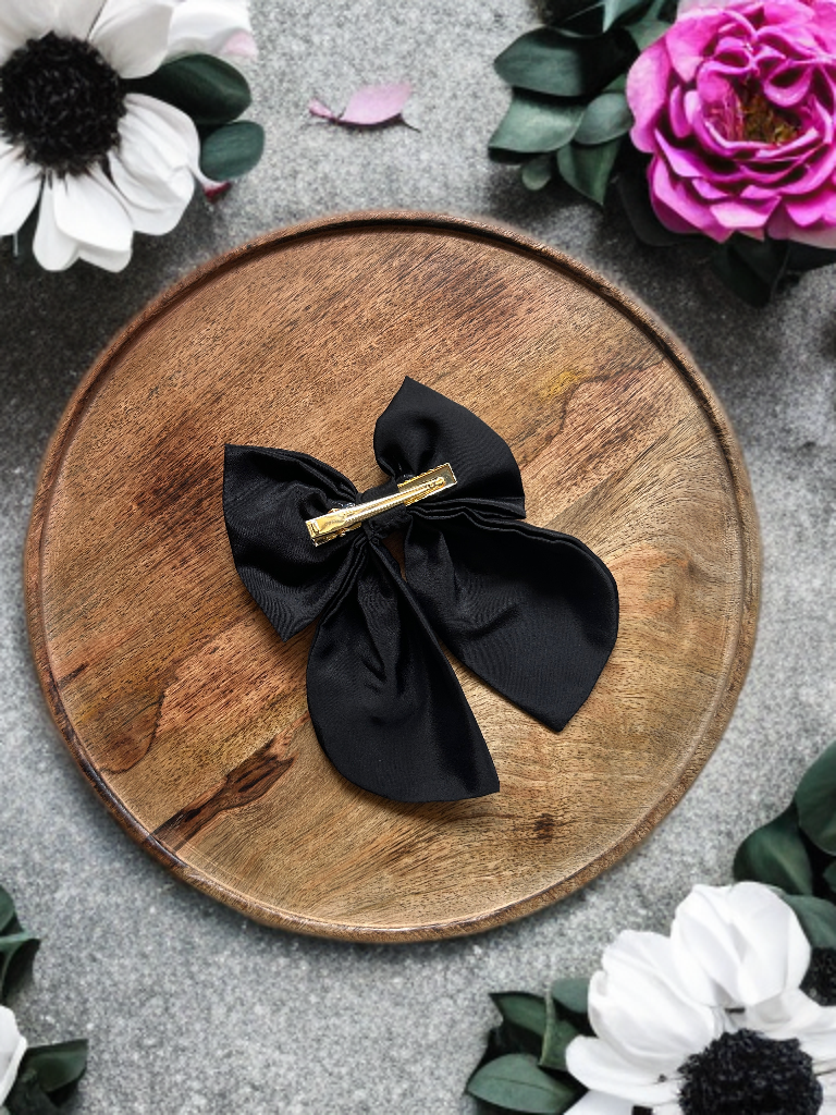 Carbon Black Satin Hair Bow With Alligator Clip