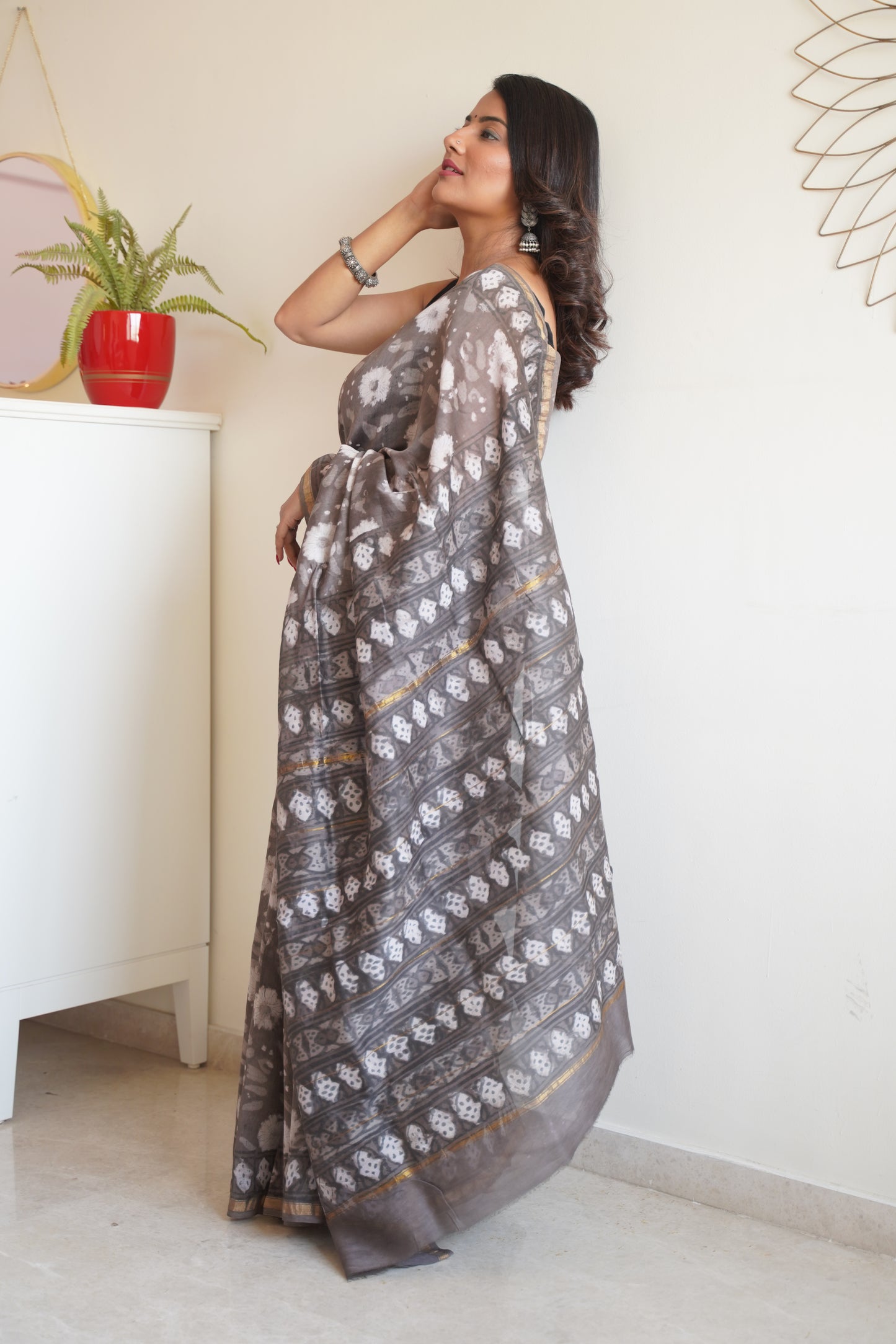 Mink Grey Cotton and Silk Chanderi Handblock Print Saree