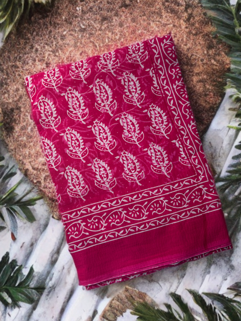 Pink Blossom Handblock Cotton Saree