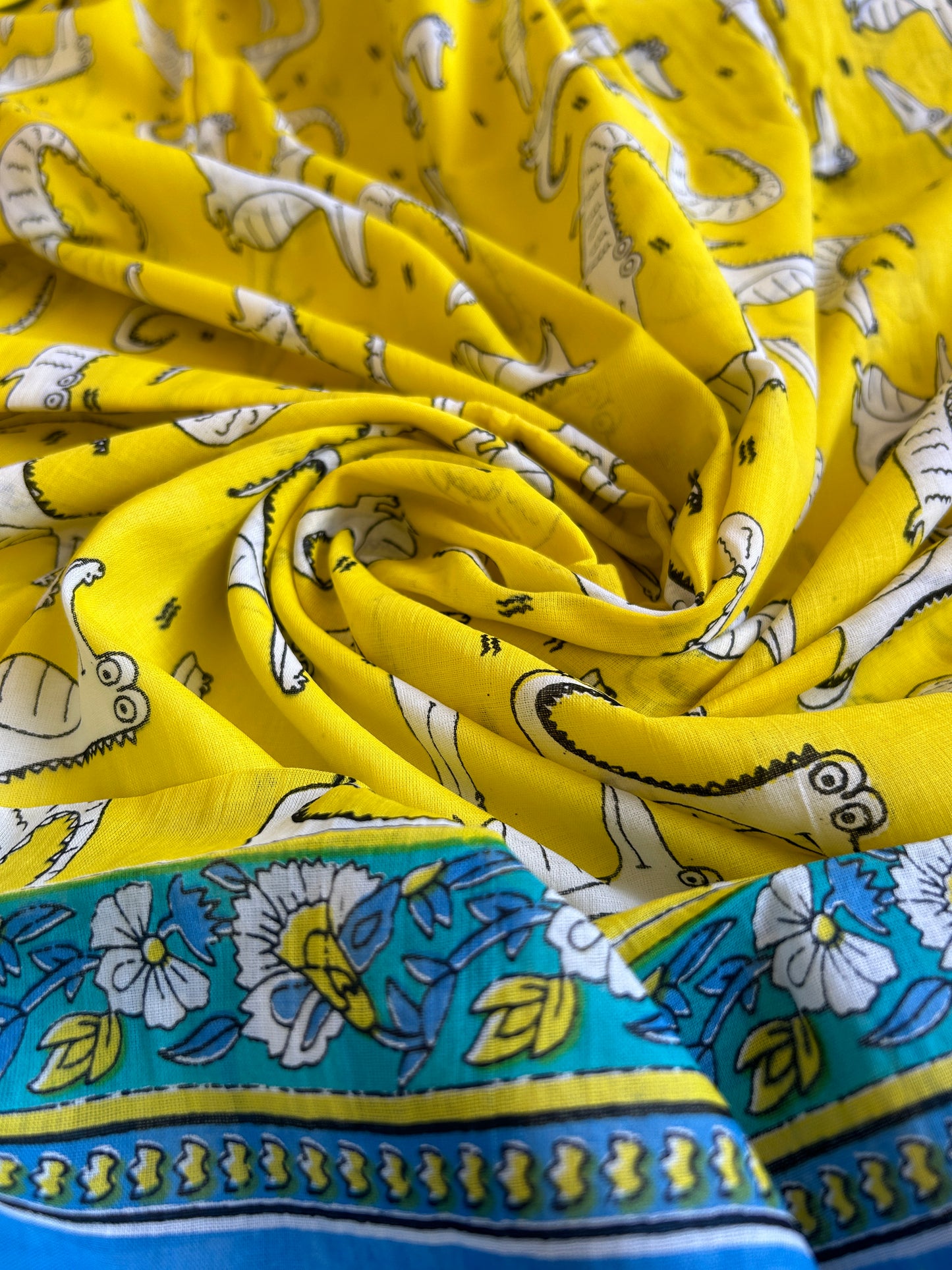 Cheeky Crocodile Yellow Cotton Saree