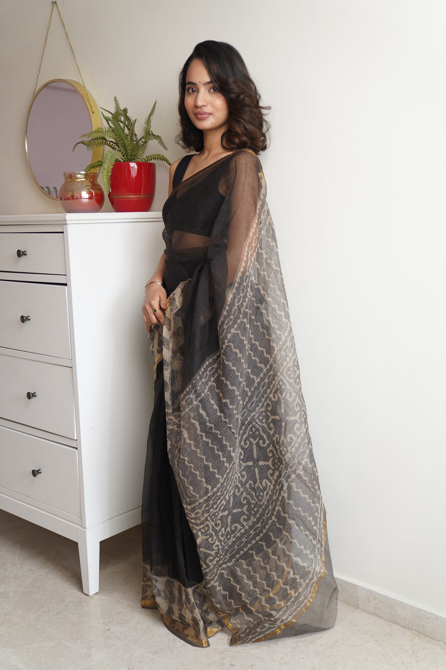 Black & Grey Handblock Print Kota Doria Saree