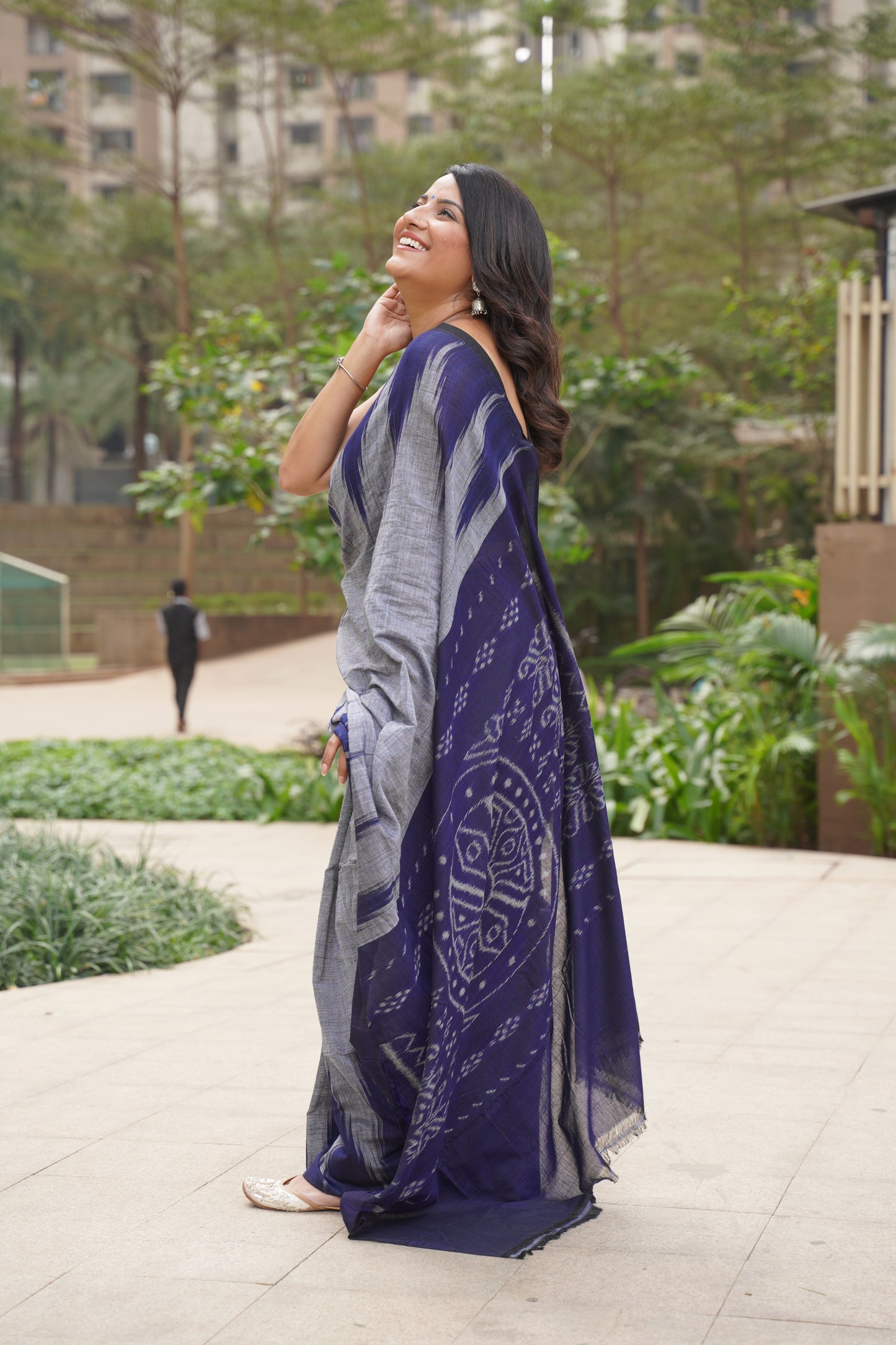 Grey and Navy Blue Sambalpuri Cotton Saree