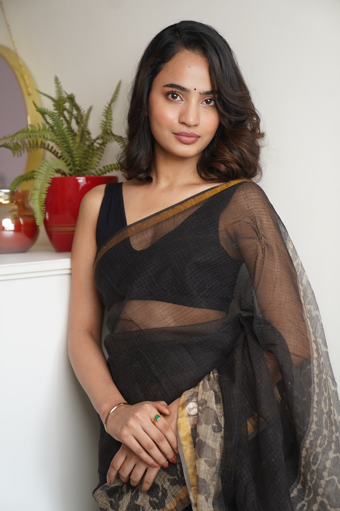 Black & Grey Handblock Print Kota Doria Saree