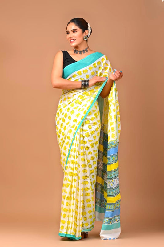 Yellow Baby Elephant Cotton Saree